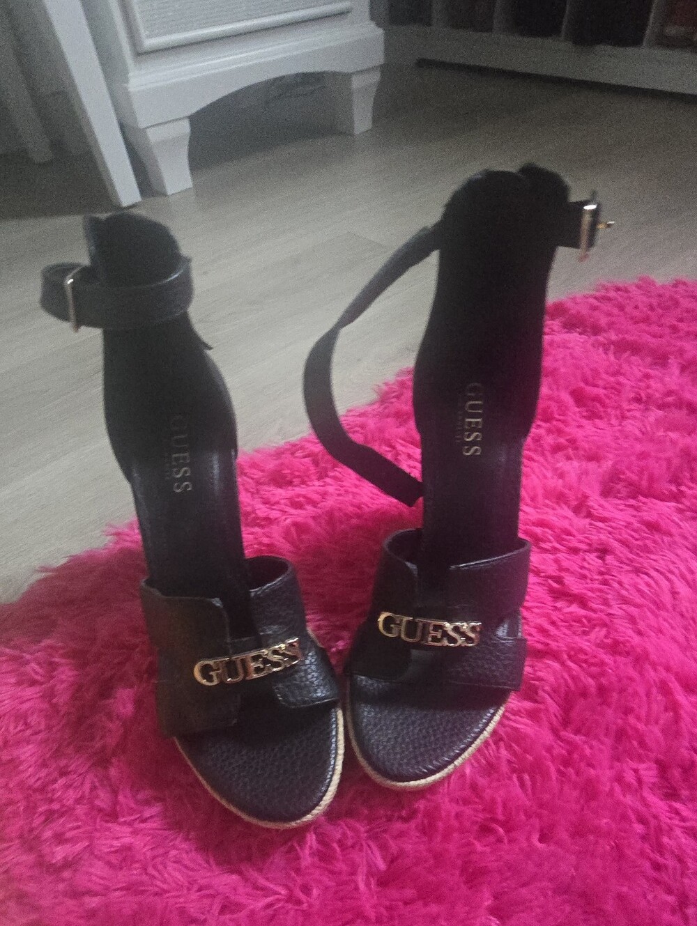 GUESS Black Ankle-Strap Platform Sandals with Gold Logo